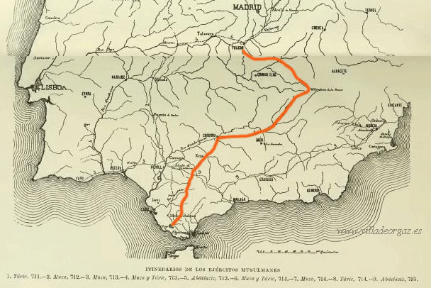 Itinerario de Tariq hacia Toledo propuesto por E. Saavedra